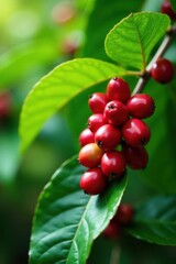 Obraz premium Vibrant red coffee cherries ready for picking on lush green branches, coffee, coffea arabica, plantation