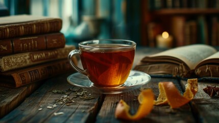 A richly detailed scene of a steaming cup of tea on a wooden table, surrounded by orange peel, herbs, and vintage books. Evokes a warm, nostalgic atmosphere perfect for themes of comfort and tradition