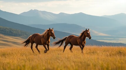 Obraz premium Wild horses galloping across open fields in montana nature photography serene landscape vibrant sunset