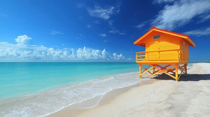 Obraz premium Vibrant Yellow Beach House Under a Sunny Sky