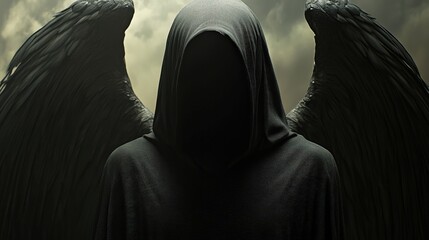 This image features a mysterious dark figure shrouded in black, with large wings, standing against a foreboding sky, evoking feelings of intrigue and suspense.
