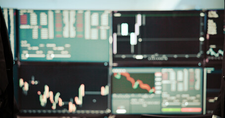 Stock market, blur computer screen and financial chart for trading, trends analytics or global exchange graphs. Fintech, monitor or finance data for price algorithm, profit patterns and revenue stats