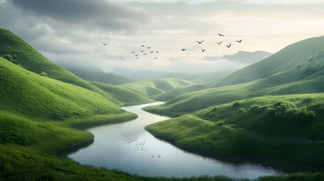 A tranquil river winding through rolling green hills, with birds soaring in the sky