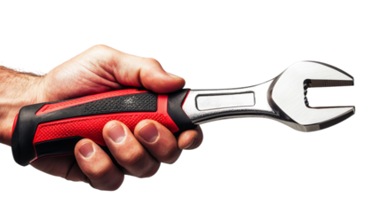 A hand holds a shiny adjustable wrench with a red and black ergonomic handle.