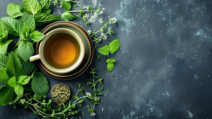 A calming scene of herbal tea in a cup surrounded by fresh green herbs, set against a dark textured background. The fresh herbs add a touch of nature and wellness, making it ideal for health and