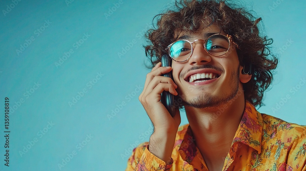 Poster young man smiling brightly while talking on phone with joyful expression