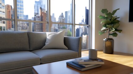 Fototapeta premium Modern apartment living room with city view