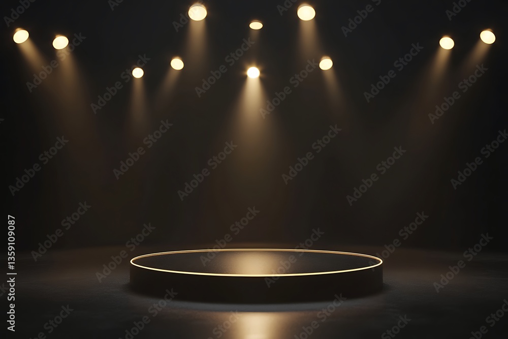 Poster dark stage with illuminated round platform.