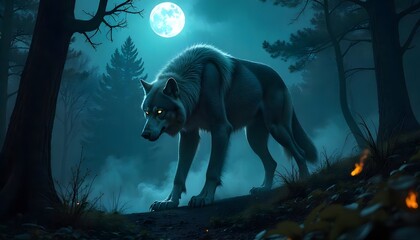 Majestic Wolf Stands Under Full Moon in Mysterious Forest Setting