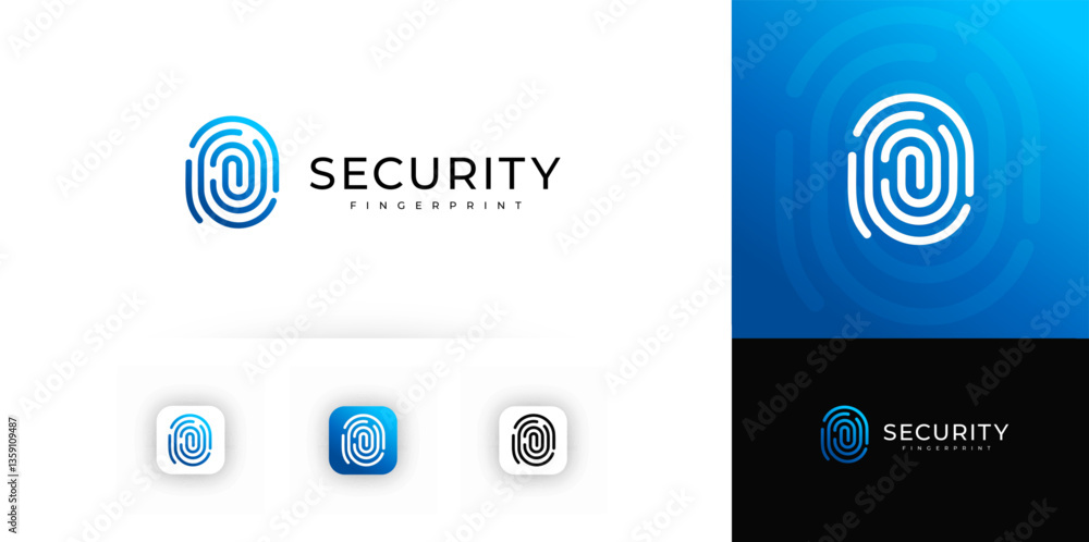 Poster Fingerprint minimalist logo with tech lines symbolizing secure identity, evokes trust, safety. Perfect for cybersecurity, login, digital apps, authentication. Vector illustration.