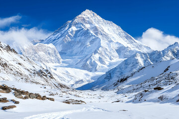 Majestic snowy mountain peak, clear sky, valley below, winter landscape, travel photography