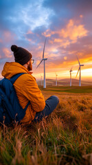 Man contemplates sunset, wind turbines, field