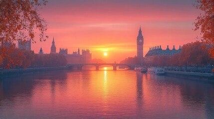Fototapeta premium London's Iconic Skyline at Sunset: Big Ben, Houses of Parliament, and the Thames River in Autumnal Hues