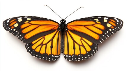 Fototapeta premium Bold orange monarch butterfly resting on a black and white flower representing transformation