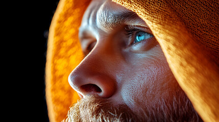 Man in orange hood gazing upwards, dark background, contemplative mood, for spirituality themes