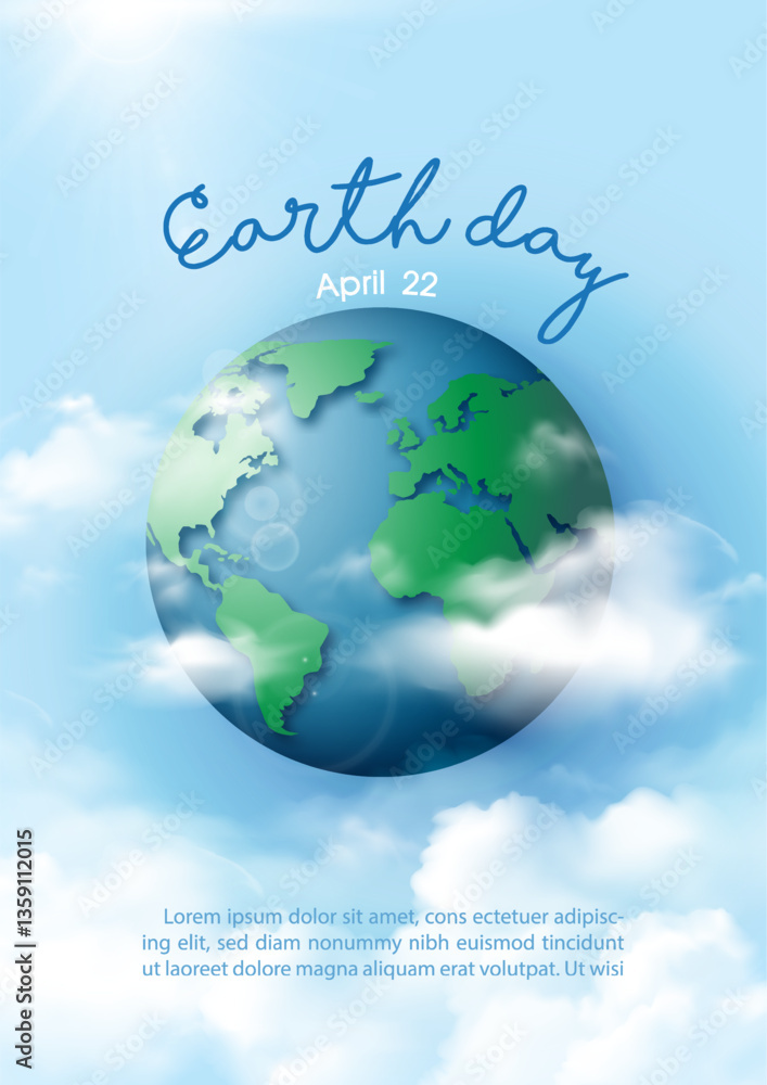 Aufkleber poster campaign of earth day with global planet and puffy clouds, wording of event and example texts