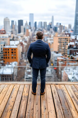 Man in suit on rooftop overlooking city