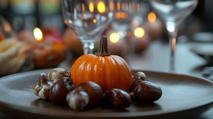 autumn table setting with pumpkin and chestnuts