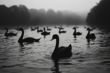 Fototapeta premium Black swan swimming in pond with fog and other swans in nature landscape scene