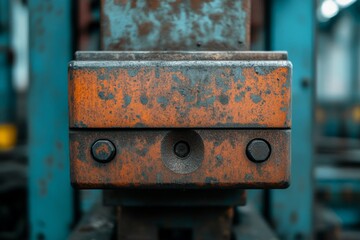 Rusty Industrial Machine Component Close-up. Aged Metal Detail. Factory Equipment Part.