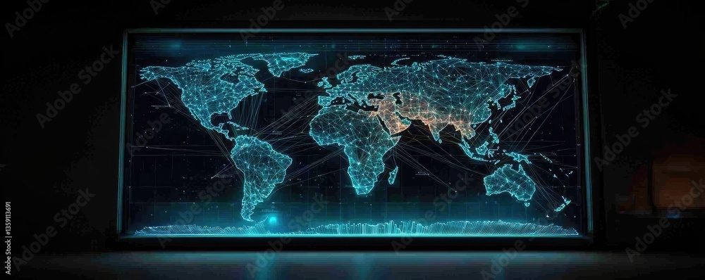 Poster earth at night showcasing world map and communication network concept. futuristic digital world map 