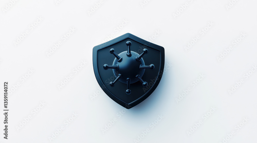 Poster close up of virus protection icon featuring shield with virus structure, symbolizing cybersecurity a
