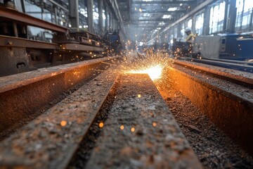 Obraz premium Welding Process in a Manufacturing Facility: Intense Heat and Sparks