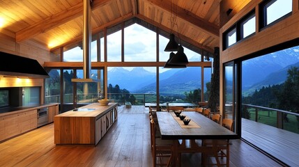 Contemporary house with rustic charm, natural wood beams large windows framing stunning mountain landscapes.  