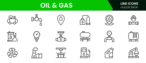 Oil and Gas icon set. Containing fuel, refinery, petroleum, oil well, gas pump, offshore platform, lubricant, oil barrels and more.vector icons collection.
