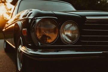 Classic car gleams in golden hour light, parked near trees; for auto ads
