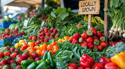 A sign that says locally grown is on a table with a variety of fruits