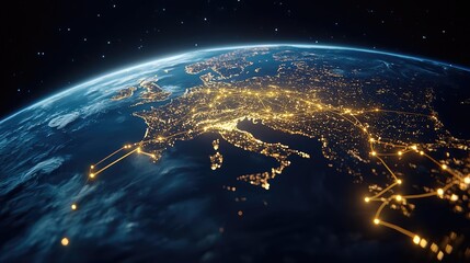 Obraz premium Earth at night showcasing world map and communication network concept. A satellite view of Europe illuminated by city lights at night.