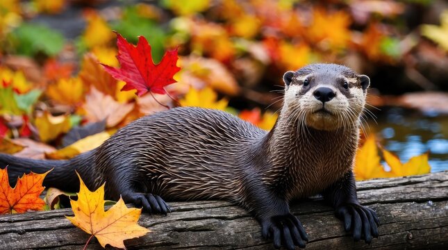 A North American River Otter Rests on a Log, Enjoying an Autumn Day Amidst Colorful Fall Leaves.