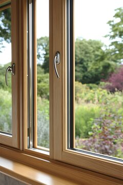 Fototapeta Elegant Oak Wood Window Frame with Modern Handles Garden View