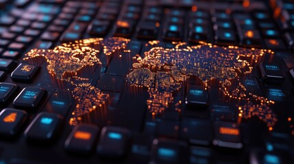 Binary code on a glossy keyboard with a 3D digital world map