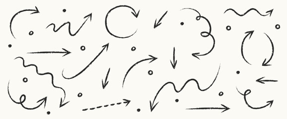 Set of hand drawn arrows in pencil, crayon and chalk style. Cartoon elements. Vector illustration