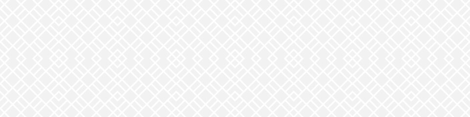 Seamless fashion pattern of squares and lines, geometric white figures for textile and wallpaper. Abstract panoramic ornament on gray background for New Year or wedding cover or postcard.