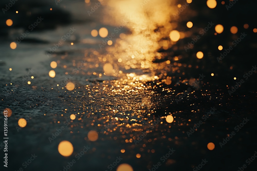 Poster golden bokeh lights on dark surface.