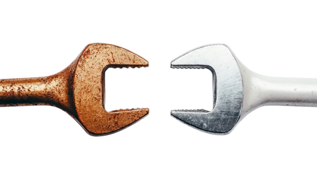 Close-up of rusty and shiny wrenches facing each other, symbolizing contrast in tools.