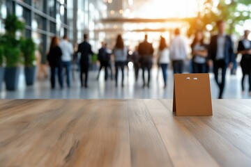 Blurred view of corporate event registration desk with attendees collecting materials at a business conference