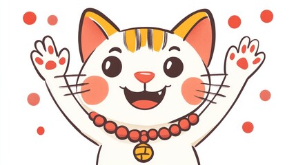 Cartoon cat with outstretched paws, happy expression, floating red dots