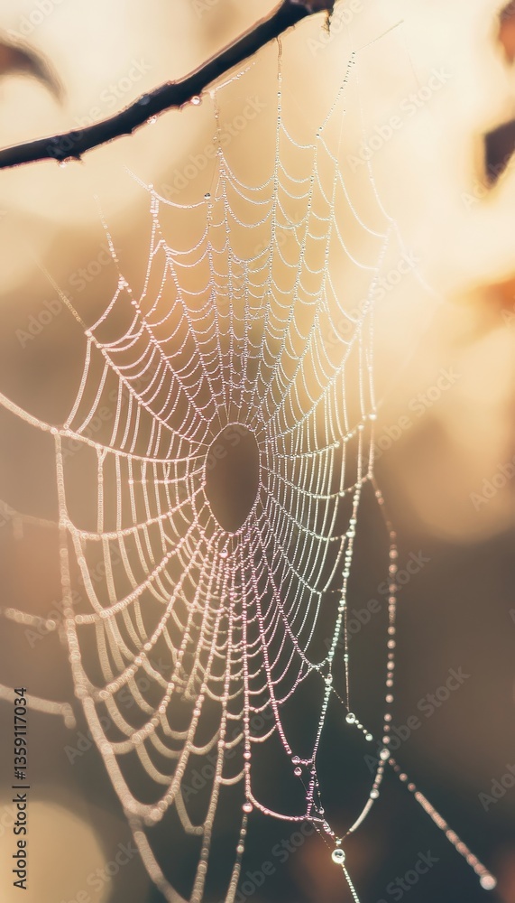 Wall mural artistic close up of a spider web with fine threads and dewdrops against a softly blurred background