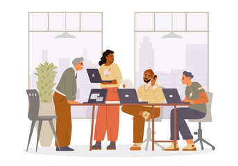 Diverse business team in the office flat vector illustration isolated on white.
