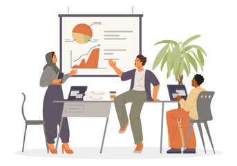 Diverse people on business meeting in the office flat vector illustration isolated on white.