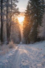 Fototapeta premium A snow covered forest with a path leading through it