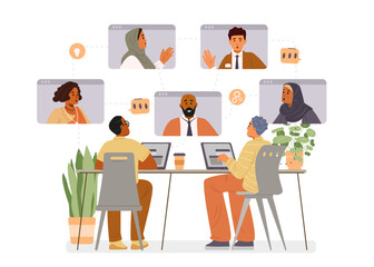 Online business meeting flat vector concept. Diverse colleagues communicating online illustration.