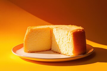 A delicious sponge cake sits on a plate against yellow backdrop