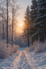 Fototapeta premium A snow-covered forest path with a sun shining through the trees
