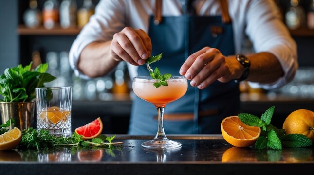 A bartender is making a drink with a garnish of mint