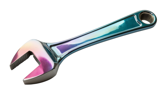 Close-up of a shiny, iridescent adjustable wrench on a white background.